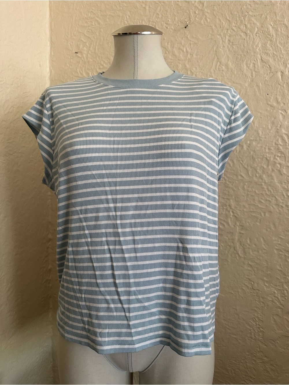 American Eagle Soft & Sexy Rib Cap Sleeve Light Blue White Stripe Tee Top NWT S